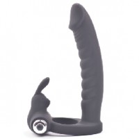 Cock Ring with Realistic Dildo Vibrating 7-Speed Rabbit Ears Silicone BLACK Cockring 